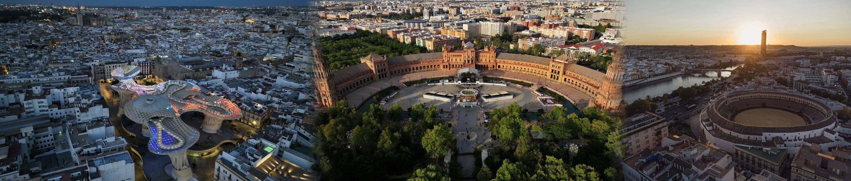 Panorámica aérea de Sevilla (Las Setas, Plaza de España y Plaza de Toros) - DroneSevilla