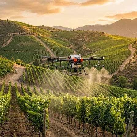 Dron agrícola fumigando un viñedo